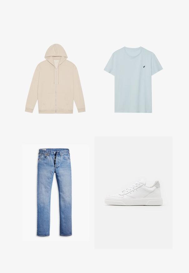 Sweat à capuche zippé beige en mélange de coton doux, avec une poche kangourou à l'avant, un cordon de serrage pour la capuche et des poignets et un ourlet côtelés.; T-shirt en coton bleu clair avec un col rond et des manches courtes. Présente un petit logo de oiseau bleu marine sur la poitrine gauche. Texture douce.; Jeans en denim bleu clair avec une coupe droite, une fermeture à cinq boutons, des passants de ceinture et un délavage subtil. Dispose de deux poches avant et de rivets en cuivre.; Des baskets en cuir blanc avec une finition lisse, un bout rond, des lacets plats et une semelle texturée. Accents en daim gris au niveau du talon.