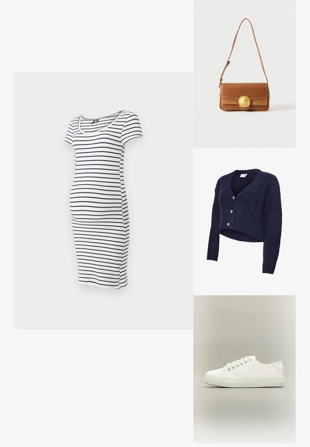 Marineblå strikket cardigan med cropped design, V-hals og lange ærmer. Fem glitrende knapper pryder forsiden, som har en ribstrikket tekstur.; Stribet gravidkjole med korte ærmer, lavet af ribbet stof. Har en tætsiddende silhuet og en rund halsudskæring. Farver: hvid og marineblå.; Hvid lavtop sneaker med hvide snørebånd og gummisål vist fra siden på en neutral baggrund.; Brun skuldertaske i læder med justerbar strop, hvide syninger, præget mønster og stor rund guldlås på frontklappen.