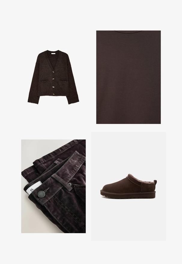 Cardigan marron avec un col en V, six boutons à l'avant et deux poches à l'avant. Tissu tricoté texturé, design court avec des manches longues.; T-shirt col rond marron foncé en tissu tricoté doux avec une fine texture côtelée.; Pantalons en velours côtelé violet foncé avec un bouton métallique noir, des coutures marron et une étiquette blanche visible à la taille.; Chausson marron à enfiler avec doublure en peluche douce et semelle en caoutchouc plate, conçu pour le confort et la chaleur à l'intérieur.