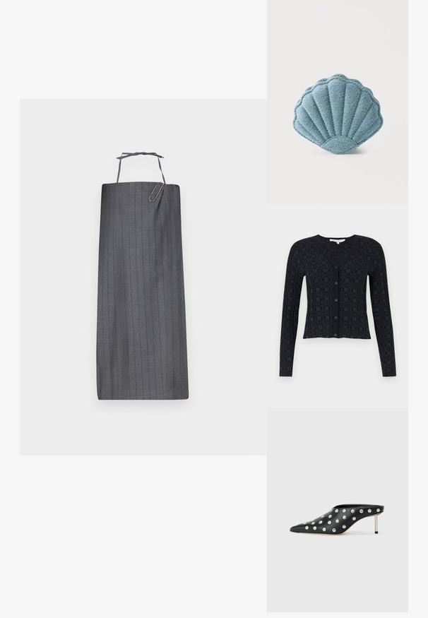 Mustardav cardigan, millede V-kaelusega, pikad varrukad ja tekstuuriga ruuduline muster, ees nupuga sulgemine ja soonikkoes äär. ; Hallide hall stripe'd apron sirge lõikega, millel on kaela rihm ja dekoratiivne paberklambri aksessuaar ees. Sile kangastekstuur.; STAND STUDIO KELSEY - Kontsaga tagant lahtised kingad - black; Sinine kangast kott, mis on kujult nagu kammkarbi kest, tekstuurse õmblusega tavalise valge tausta ees.