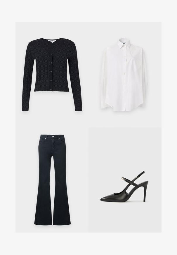 Cardigan noir avec un col en V, des manches longues, et un motif checkered texturé, avec fermeture à boutons sur le devant et ourlet côtelé.; Chemise blanche à manches longues en tissu léger, dotée d'un col classique, d'une fermeture à boutons et d'une poche en forme de cœur sur le côté gauche.; Jean en denim noir évasé avec une taille haute, cinq poches et une fermeture à bouton métallique. Texture lisse et détails de couture contrastés.; Escarpins slingback en cuir noir avec bout pointu, design ajouré et bride ajustable ornée de ferrures métalliques.