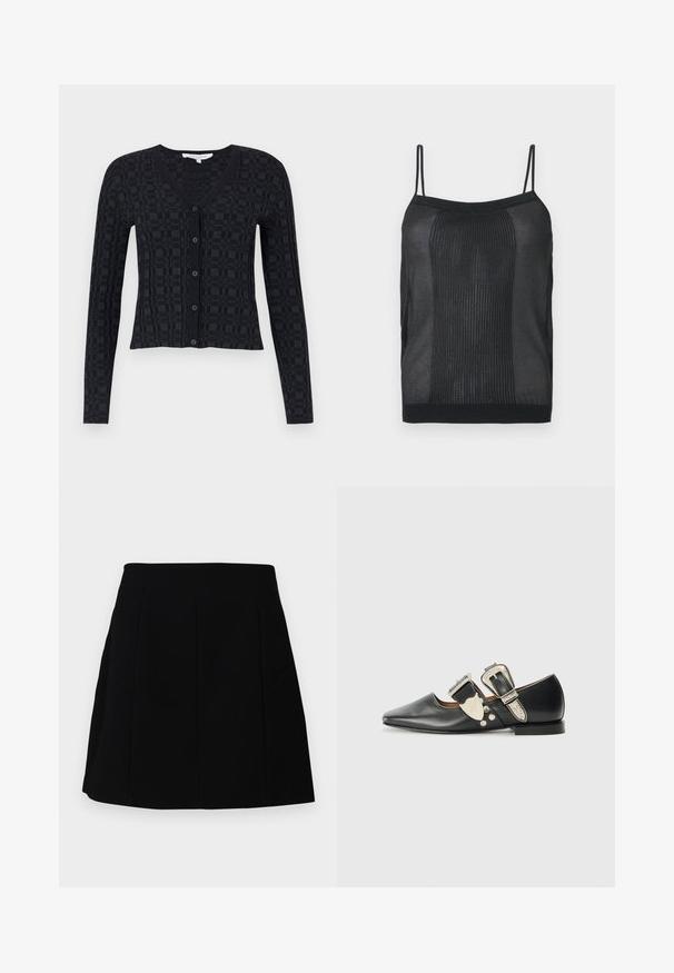 Cardigan noir avec un col en V, des manches longues, et un motif checkered texturé, avec fermeture à boutons sur le devant et ourlet côtelé.; Camisole noire sans manches en maille côtelée avec fines bretelles et encolure droite sur fond neutre.; Mini-jupe noire avec une silhouette structurée, présentant des coutures à l'avant et des poches latérales, fabriquée à partir d'un tissu lisse et léger.; Chaussure plate en cuir noir avec un bout pointu, des accents de boucle en argent et des rivets décoratifs. Elle possède un petit talon et une texture lisse.