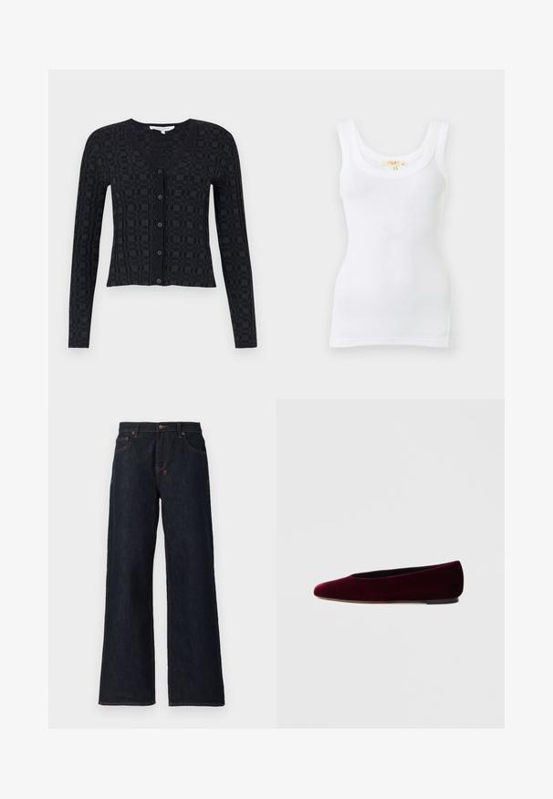 Sort cardigan med V-hals, lange ærmer og et tekstureret ternet mønster, med frontknaplukning og ribbet kant.; Hvid ribstrikket ærmeløs tanktop med rund halsudskæring, vist fladt mod en lys baggrund.; Mørkeblå vidde jeans lavet af denim, med orange syninger, to frontlommer og en knaplukning i taljen.; Bourgognefarvede balletflade sko i fløjl med rundet tå og lav hæl, med en glat tekstur og elegant design.