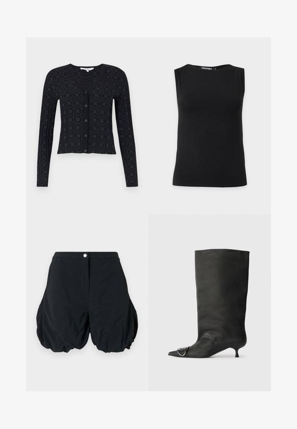 Μαύρο cardigan με V-λαιμόκοψη, μακριά μανίκια και υφασμάτινο καρό μοτίβο, με κουμπί μπροστά και ριμπ χείλος.; Μαύρο γυναικείο αμάνικο τοπ με λαιμόκοψη καραβόπανο, κατασκευασμένο από λείο ύφασμα, απεικονίζεται σε μονόχρωμο φόντο.; Μαύρο σορτς από ελαφρύ ύφασμα, με μαζεμένο σχέδιο, κουμπί κλεισίματος και στρογγυλεμένο σχήμα στα τελειώματα.; Μαύρη δερμάτινη μποτάκι στον αστράγαλο με μυτερή μύτη, μικρό τακούνι και μεταλλική λεπτομέρεια στη μύτη. Λείος, ματ υφή σε όλη την επιφάνεια.