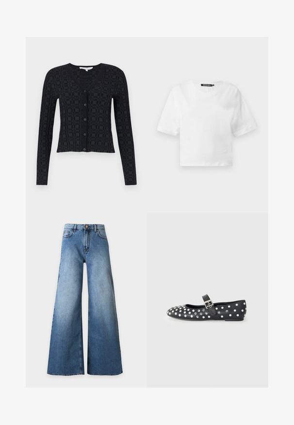 Sort cardigan med V-hals, lange ærmer og et tekstureret ternet mønster, med frontknaplukning og ribbet kant.; Hvid kortærmet crop-top med rund halsudskæring og sort mærke indeni kraven, vist på ensartet lyst baggrund.; Højtsiddende blå cowboybukser med vide ben, knapper foran, lynlås og fem-lomme-design på en ensfarvet lys baggrund.; Sorte læder flade sko med rund tå, prydet med sølvnitter i et prikket mønster og en spænde rem over vristen.
