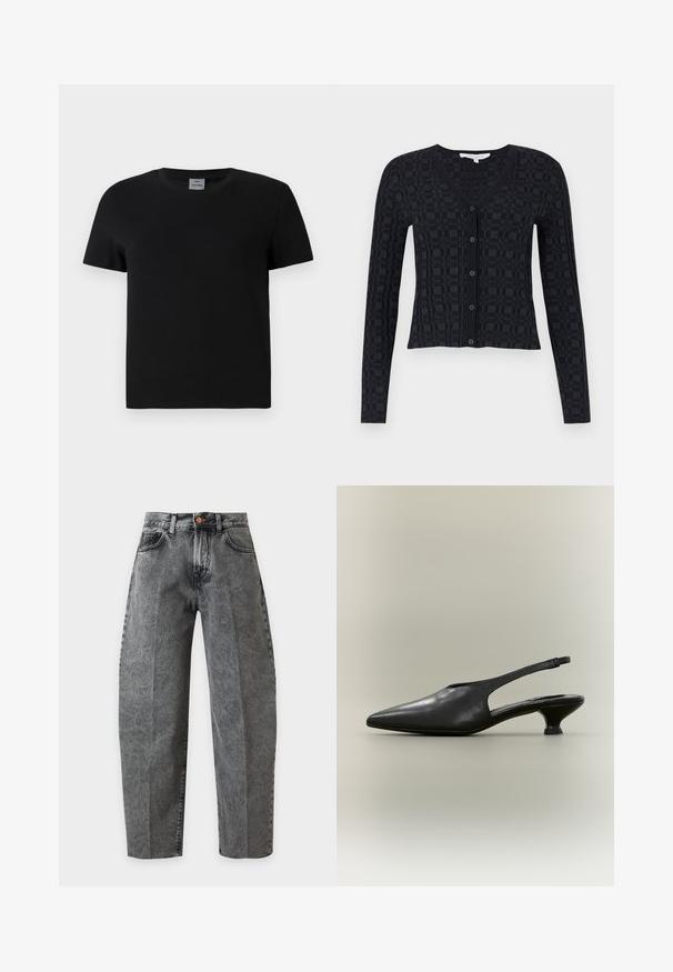 Cardigan noir avec un col en V, des manches longues, et un motif checkered texturé, avec fermeture à boutons sur le devant et ourlet côtelé.; T-shirt en coton noir avec un col ras du cou et des manches courtes. Design simple, sans motifs ni accents, avec une coupe droite à la taille.; Jean en denim gris délavé taille haute avec fermeture à boutons, poches avant et jambes larges droites sur fond blanc uni.; Chaussure à bride arrière en cuir noir avec bout pointu et petit talon bas sur fond neutre.