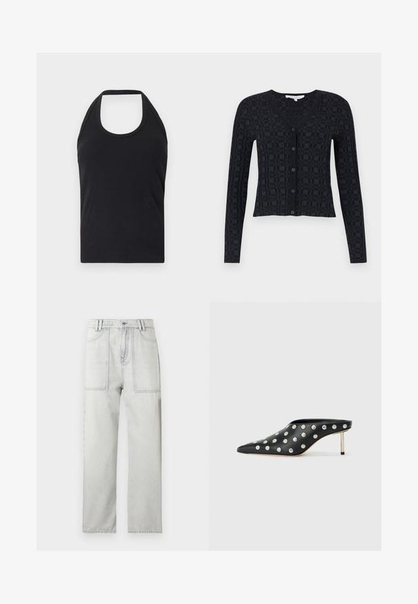 Zwarte cardigan met een V-hals, lange mouwen en een gestructureerd geruit patroon, met een knoopsluiting aan de voorkant en een geribbelde zoom.; CLOSED NECK HOLDER - Top - black; Lichtgrijze spijkerbroek van denim met hoge taille en rechte pasvorm. Voorzien van twee voorzakken en contrasterende stiksels.; STAND STUDIO KELSEY - Muiltjes met hak - black