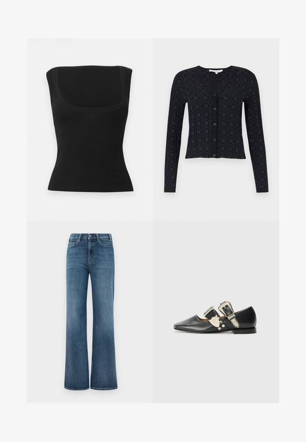 Μαύρο cardigan με V-λαιμόκοψη, μακριά μανίκια και υφασμάτινο καρό μοτίβο, με κουμπί μπροστά και ριμπ χείλος.; Μαύρο στενό αμάνικο τοπ με πλατύ τετράγωνο ντεκολτέ και λείο ύφασμα, απεικονισμένο σε απλό φωτεινό φόντο.; Μπλε τζιν παντελόνι με φαρδιά κοπή, κουμπί και φερμουάρ, καθώς και μπροστινές και πίσω τσέπες, τοποθετημένο σε λευκό φόντο.; Μαύρο δερμάτινο φλατ παπούτσι με μυτερή μύτη, ασημένιες αγκράφες και διακοσμητικά καρφιά. Διαθέτει χαμηλό τακούνι και λείο υφή.