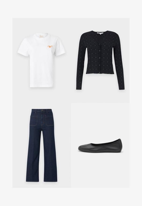 Cardigan noir avec un col en V, des manches longues, et un motif checkered texturé, avec fermeture à boutons sur le devant et ourlet côtelé.; T-shirt en coton blanc à manches courtes. Présente un graphique de soleil orange et le texte "Closed" sur le côté gauche de la poitrine. Col ras du cou classique.; Jean large bleu foncé taille haute, avec deux poches plaquées à l'avant, passants pour ceinture et fermeture à bouton sur le devant.; Ballerines en cuir noir avec un bout rond, texture lisse, détails de couture minimalistes et design de semelle flexible.