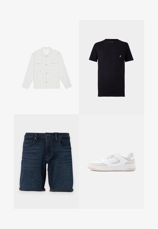 Lichtgrijze button-up shirt van textuurstof, met twee borstzakken en een klassieke kraag, voorzien van houten knopen als accenten.; Zwarte katoenen T-shirt met korte mouwen, ronde hals en een borstzak met een klein wit vogel-logo. Zachte textuur en eenvoudig ontwerp.; Donkerblauwe denimshorts met opgerolde mouwen, voorzien van voorzakken, een knoopsluiting en een merkelabel op de achterzak.; Lage witte en lichtbeige sneaker met vetersluiting, gevoerde kraag en rubberen zool op een effen lichte achtergrond.
