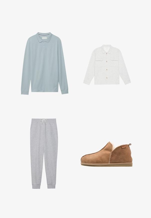 Lichtgrijze button-up shirt van textuurstof, met twee borstzakken en een klassieke kraag, voorzien van houten knopen als accenten.; Lange mouw polo shirt in lichtblauw met een vlakke kraag, een drieknoopssluiting en een subtiele textuur. Beschikt over een gestreepte binnenkraag.; Grijze sweatpants van zacht materiaal, met een elastische tailleband met een trekkoord, zijzakken en geribbelde manchetten bij de enkels.; Suède slippers in tan met een zachte fleece voering. Laag uitgesneden ontwerp met een platte rubberen zool en een leren label met merk op de zijkant.