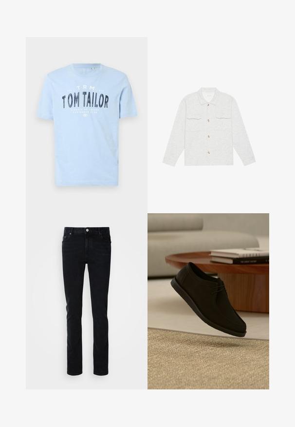 Hellgraues Hemd aus strukturiertem Stoff mit zwei Brusttaschen und klassischem Kragen, akzentuiert mit Holzknöpfen.; Hellblaues Baumwoll-T-Shirt mit rundem Ausschnitt und kurzen Ärmeln. Es hat fettgedruckten, schwarzen Text: "TOM TAILOR" und weitere Branding-Details.; Schwarze Denim-Jeans mit einer schmalen Passform, ausgestattet mit einer Vordertasche, Gürtelschlaufen und einem Knopfverschluss. Glatte Textur, minimalistisches Design.; Schwarzer Lederschnürschuh, der über einem beigen strukturierten Teppich schwebt, mit einem runden Holztisch und gestapelten Büchern im weichgezeichneten Hintergrund.