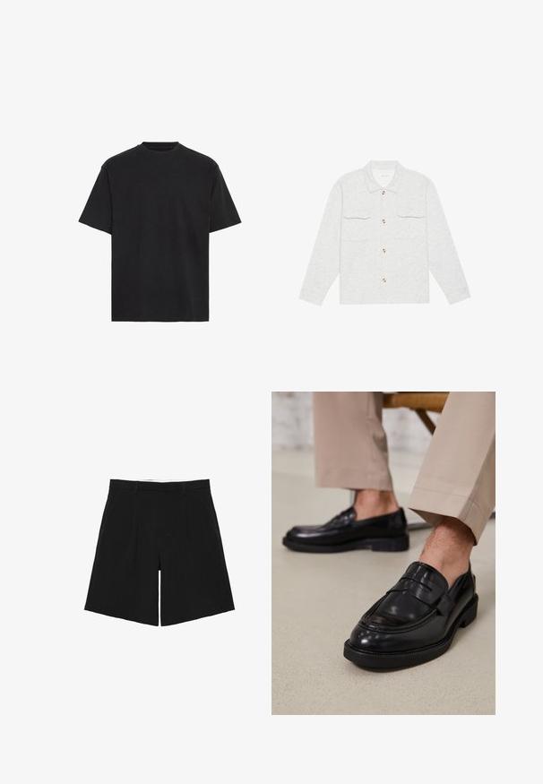 Lichtgrijze button-up shirt van textuurstof, met twee borstzakken en een klassieke kraag, voorzien van houten knopen als accenten.; Zwarte katoenen t-shirt, korte mouwen, ronde hals, lichtgewicht, losse pasvorm, gladde textuur, geen zichtbare patronen of accenten.; Zwarte op maat gemaakte shorts met riemlussen, voorplooien en zijzakken, plat neergelegd op een witte achtergrond.; Zwarte leren loafers met een gladde afwerking, voorzien van een decoratieve band en contrasterende stiksels, gecombineerd met beige broeken.