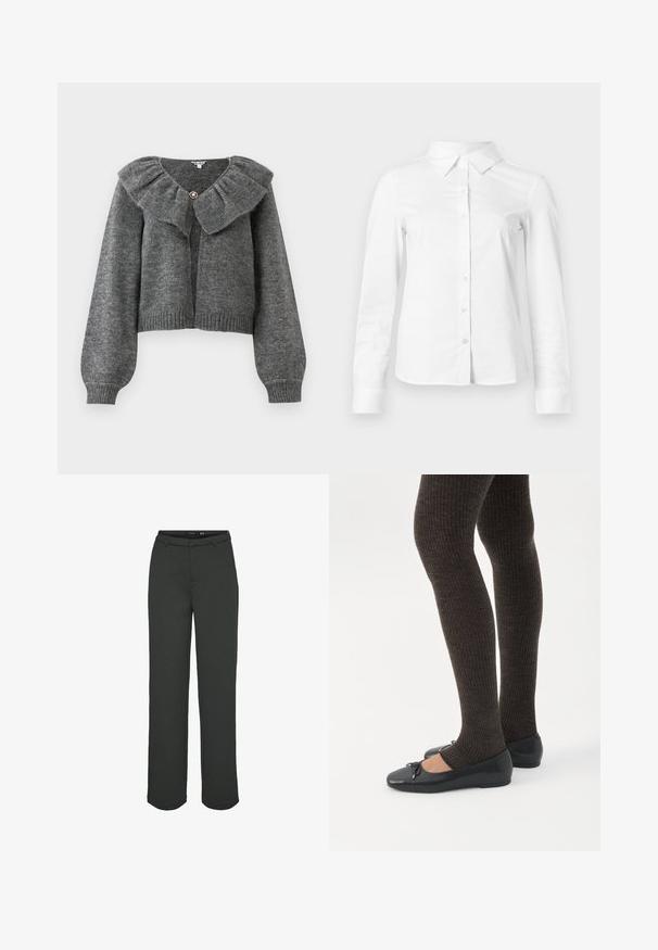 Cárdigan gris de punto con mangas largas abullonadas, un amplio cuello con volantes y un cierre decorativo de botón único en el escote.; Camisa blanca de manga larga con botones, cuello puntiagudo, bajo recto y silueta ajustada, presentada sobre un fondo claro y liso.; Pantalones de pierna ancha en verde oscuro, hechos de tejido suave. Presentan una cinturilla con pasadores para cinturón, bolsillos delanteros y un corte recto.; Piernas con leggings oscuros acanalados combinados con bailarinas negras que presentan pequeños detalles de lazo sobre un fondo blanco.