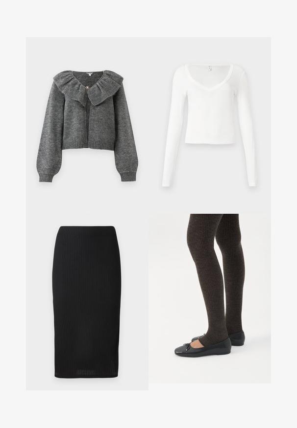 Grå strikket cardigan med puflange ærmer, en bred flæsekant og en enkelt dekorativ knaplukning ved halsen.; Hvid, cropped, tæt siddende V-hals skjorte med lange ærmer og enkel, glat stoftekstur på en neutral baggrund.; Sort ribbet blyantskørt i tætsiddende design med en glat tekstur og en længde til knæene. Simpel talje uden udsmykninger.; Ben iført mørke ribbede leggings kombineret med sorte balletsko med små sløjfedetaljer på hvid baggrund.