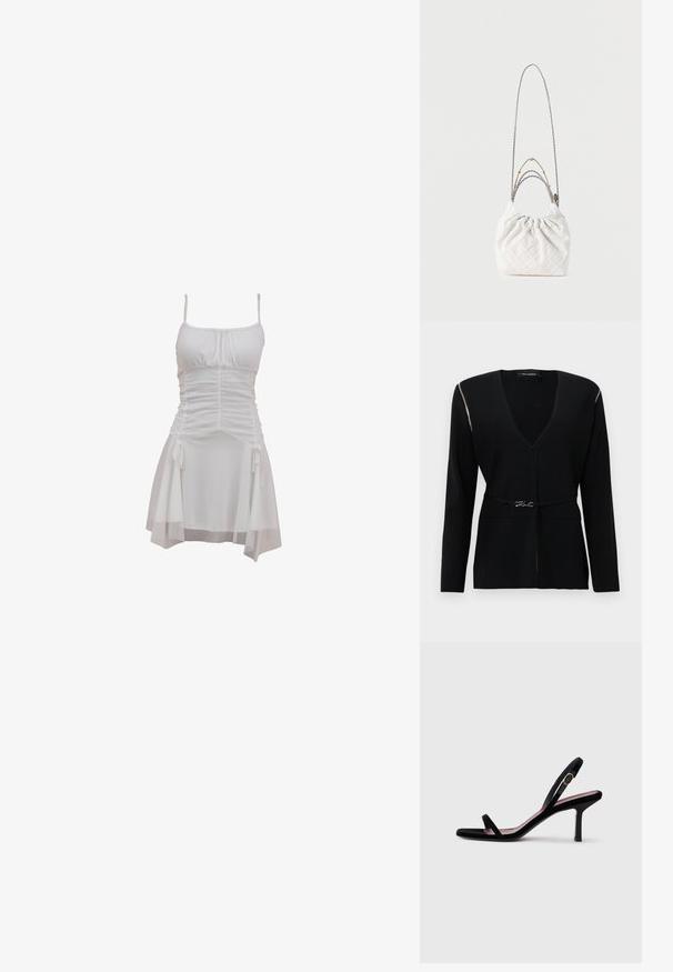 Cárdigan negro con escote en V profundo y mangas largas, con un detalle de cremallera plateada en el hombro y un lazo decorativo en la cintura.; Vestido blanco con tirantes ajustables tipo spaghetti, cuerpo fruncido y falda fluida con lazos laterales y dobladillo en capas.; Sandalia de tacón alto de gamuza negra para mujer, con tiras finas y una hebilla dorada, sobre un fondo blanco, vista lateral.; Bolso blanco acolchado con parte superior fruncida, con asas de cadenas mixtas en plata y oro. Textura suave y forma compacta y redondeada.
