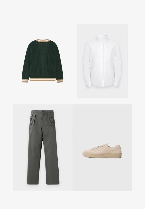 Pull tricoté vert foncé avec poignets et col rayés beige et blanc, vu de dos sur fond blanc.; Chemise blanche à manches longues avec col pointu et poche poitrine, présentée sur un fond gris clair uni.; Pantalons légers plissés en coton gris foncé avec une coupe droite. Comprend une fermeture à bouton à l'avant et des passants de ceinture.; Baskets en daim beige avec un bout rond, des lacets plats et une semelle en caoutchouc texturé. Design minimaliste avec des bords lisses et des coutures discrètes.