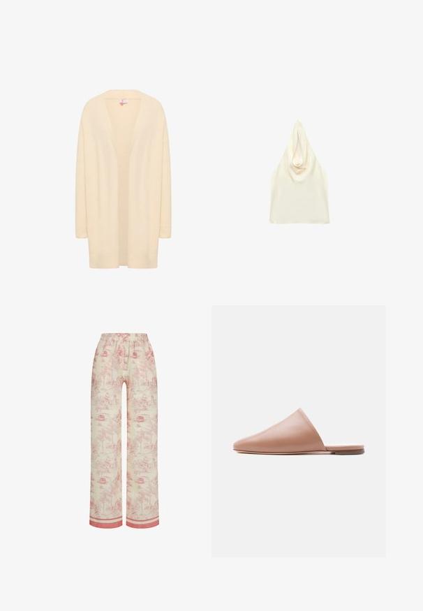 Beige, lange mouwen cardigan van zacht, lichtgewicht materiaal. Open voorkant met een ontspannen pasvorm, voorzien van geribde manchetten en zoom.; Crèmekleurige satijnen haltertop met een gedrapeerde halslijn en mouwloos ontwerp.; Katoenen pyjamabroek met een licht beige achtergrond en een rood toilepatroon dat pastorale taferelen uitbeeldt. Elastische tailleband en contrasterende zoom.; Beige leren mule zonder achterkant met puntige neus en platte zool, zijaanzicht op een egale lichte achtergrond.