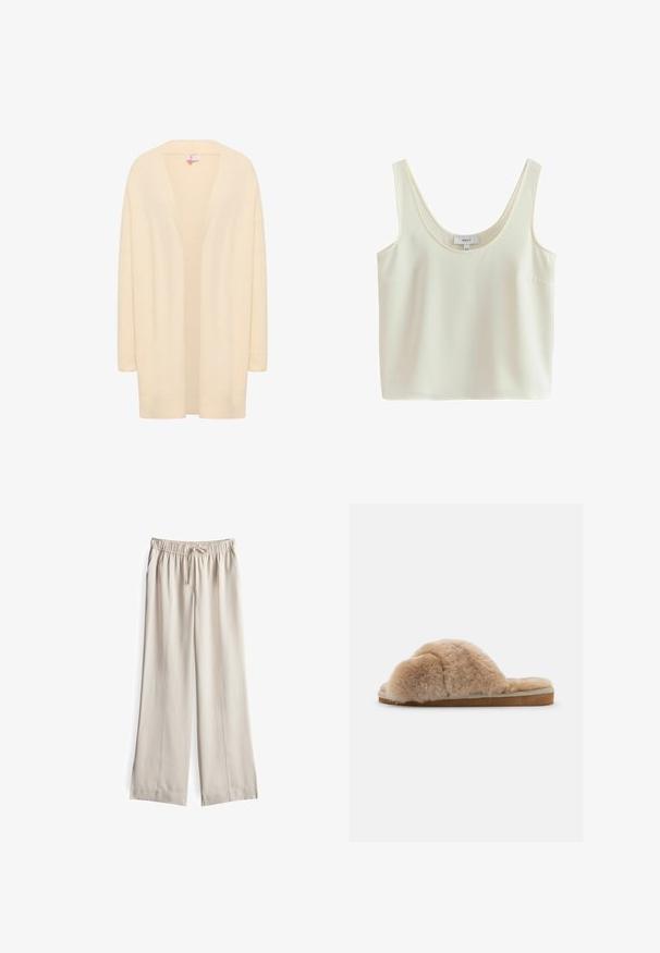 Beige, lange mouwen cardigan van zacht, lichtgewicht materiaal. Open voorkant met een ontspannen pasvorm, voorzien van geribde manchetten en zoom.; Mouwloos, crèmekleurig cropped tanktopje met brede bandjes en een ronde hals, gemaakt van gladde stof.; Beige, wijde broek van lichtgewicht stof met een elastische tailleband en trekkoord, voorzien van verticale naden aan de voorkant.; Fluffy beige slipper met een zachte textuur, open achterkant en een binnenvoering. Platte zool met een lichtbruine basis en beige stiksels.