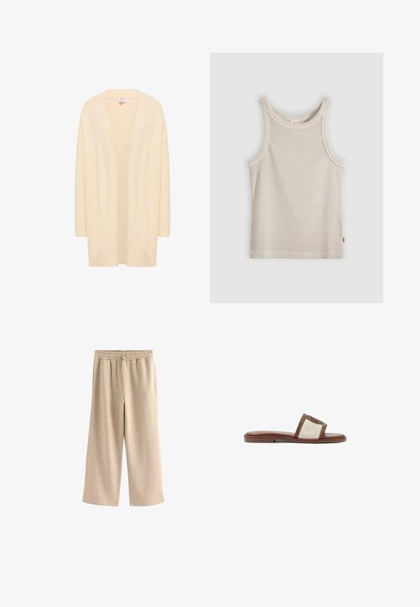 Cárdigan beige de manga larga hecho de un material suave y ligero. Con frente abierto y un corte relajado, cuenta con puños y dobladillo acanalados.; Camiseta sin mangas beige acanalada con escote redondo y ajuste entallado, mostrada sobre un fondo gris.; Pantalones de pierna ancha color crema, hechos de una suave mezcla de algodón. Presentan una cintura elástica con cordón y una sutil textura moteada.; Sandalia deslizante de cuero marrón con una parte superior de tejido beige, suela plana y punta redondeada. El diseño incluye un acento con el logo en la correa.