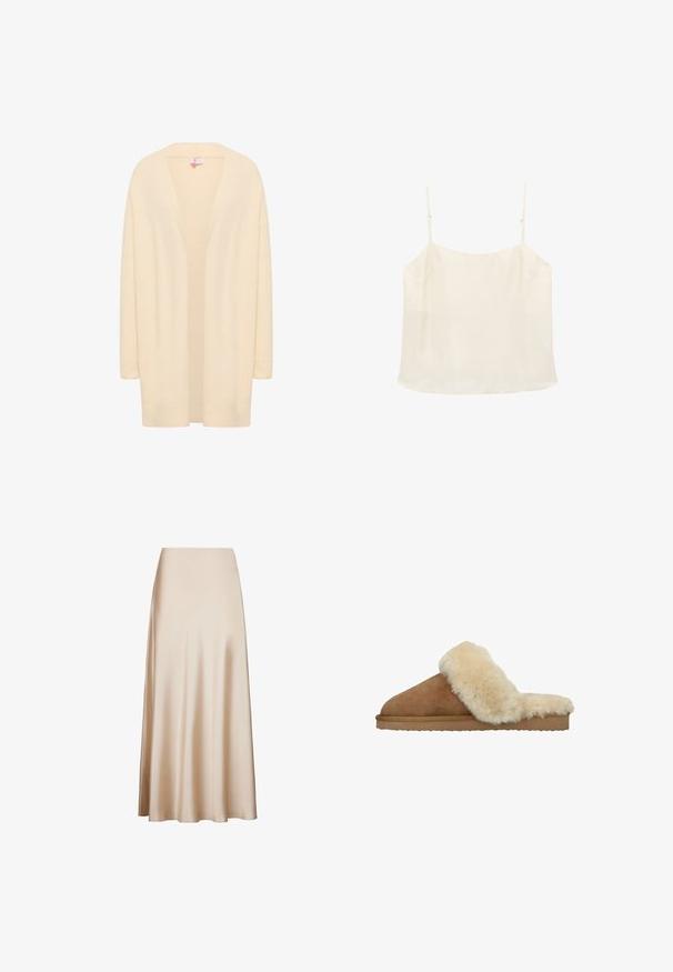 Beige, lange mouwen cardigan van zacht, lichtgewicht materiaal. Open voorkant met een ontspannen pasvorm, voorzien van geribde manchetten en zoom.; Crèmekleurig mouwloos camisettopje met dunne verstelbare bandjes en een rechte halslijn op een witte achtergrond.; Beige satijnen midi-rok met een gladde textuur en een uitlopende snit van taille tot zoom, met een A-lijnvorm. Geen zichtbare patronen of accenten.; Manfield Muiltjes - cognac