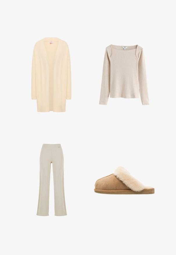 Beige, langärmeliger Cardigan aus weichem, leichtem Material. Offene Vorderseite mit lässiger Passform, mit gerippten Bündchen und Saum.; Beiges langärmeliges, geripptes Strickoberteil mit quadratischem Ausschnitt und leichtem Schulterdetail, auf weißem Hintergrund dargestellt.; Beige weite Hosen mit einer glatten Rippenstruktur, elastischem Bund und ohne sichtbare Verzierungen, bieten eine lässige Silhouette.; Beige Wildlederschlappen mit einem weichen, flauschigen Innenfutter aus cremefarbener Schafsleder. Verfügt über eine flache, strukturierte Gummisohle für einen sicheren Halt.