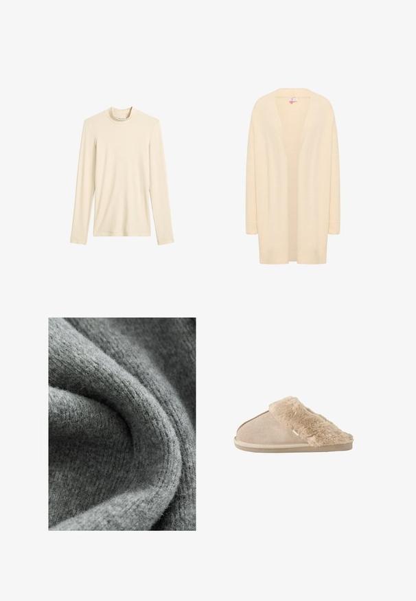 Beige langærmet cardigan lavet af blødt, let materiale. Åben front med en afslappet pasform, der har ribbede manchetter og kant.; Cremefarvet langærmet strikket top med høj hals, enkel design og synlig varemærkeetiket indeni halsudskæringen.; Grå stof med en blød, tekstureret overflade, der har en blanding af fine fibre og et diskret ribbet mønster, foldet og krøllet.; Beige slip-on tøfler med blødt ruskind yderside og blødt, fluffy inderfor og manchet, designet til komfort indendørs.