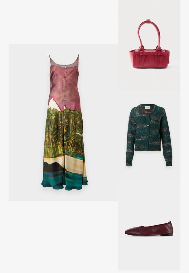 Cardigan boutonné vert foncé avec motif en maille texturé, rayures horizontales multicolores, deux poches avant et un col.; Robe longue en satin avec bretelles fines ; imprimé paysager artistique en rose, vert et bleu ; dotée d'une fermeture à boutons sur le devant et d'une silhouette fluide.; Ballerine plate en cuir bordeaux avec bord supérieur élastique froncé et fine semelle noire sur fond blanc.; Sac à main en cuir rouge avec deux poignées supérieures, nœuds décoratifs à l'avant et une étiquette sur le côté, sur fond blanc.