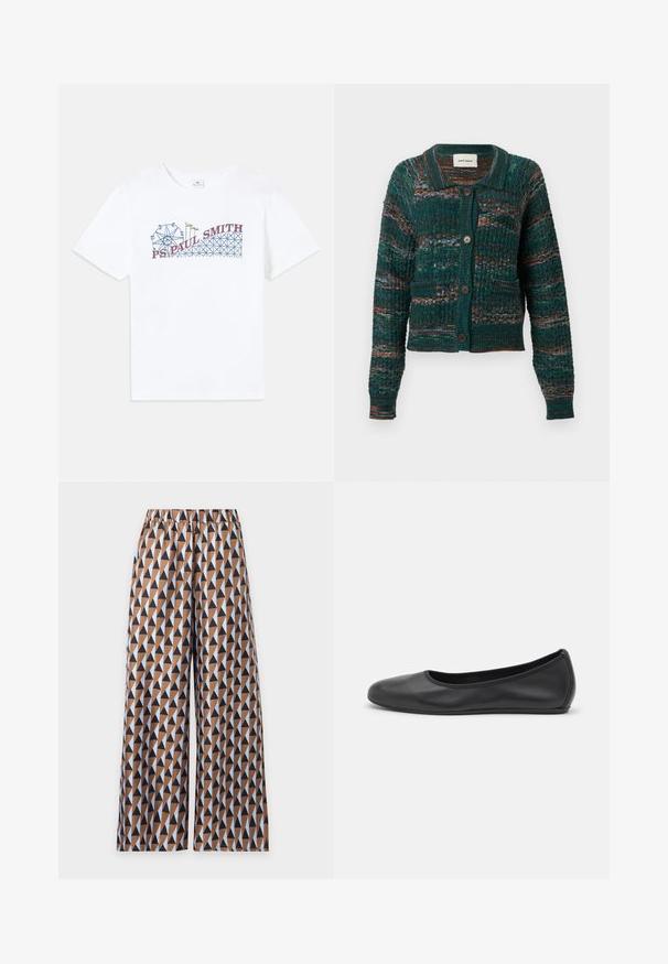 Cardigan boutonné vert foncé avec motif en maille texturé, rayures horizontales multicolores, deux poches avant et un col.; T-shirt en coton blanc avec un graphique coloré d'une grande roue et d'une montagne russe, avec le texte "PS Paul Smith" en rouge et bleu.; Pantalon à jambes larges avec une ceinture élastique présentant un motif répétitif de triangles marron et noir sur fond bleu clair.; Ballerines en cuir noir avec un bout rond, texture lisse, détails de couture minimalistes et design de semelle flexible.