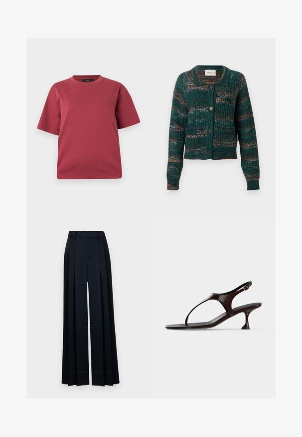 Cardigan boutonné vert foncé avec motif en maille texturé, rayures horizontales multicolores, deux poches avant et un col.; T-shirt à manches courtes et col rond couleur rose poudré avec une coupe décontractée, présenté sur un fond blanc uni.; Pantalon large bleu marine taille haute, avec passants de ceinture, plis à l'avant et ourlet droit.; Sandale slingback en cuir verni marron foncé avec petit talon et bride entre les orteils sur fond blanc.