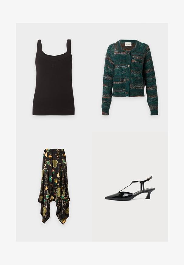 Cardigan boutonné vert foncé avec motif en maille texturé, rayures horizontales multicolores, deux poches avant et un col.; Débardeur noir côtelé sans manches avec encolure carrée et larges bretelles, avec un petit logo discret au centre devant.; Jupe asymétrique noire avec motifs floraux et cœurs verts, pêche et jaunes, dotée d'un ourlet fluide en forme de mouchoir.; Chaussure slingback en cuir verni noir à bout pointu avec bride en T et petit talon bloc incliné sur fond blanc.