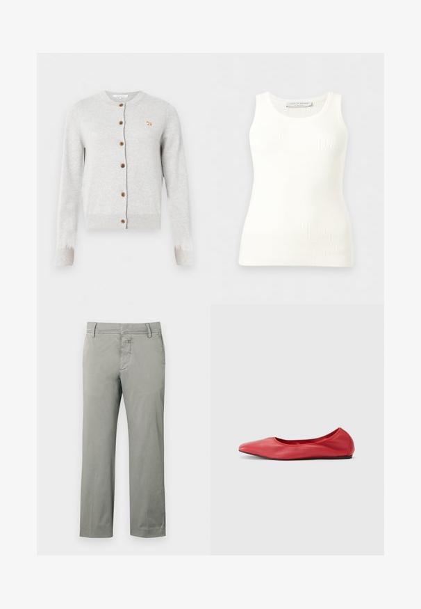 Cardigan gris clair boutonné avec manches longues, poignets et bas côtelés, et petit logo renard brodé sur le côté gauche de la poitrine.; Débardeur blanc côtelé sans manches avec encolure ronde, coupe ajustée, et étiquette de la marque à l'intérieur du col arrière.; Chinos gris clair en coton, avec une coupe droite, des passants pour ceinture, des poches avant, et une braguette zippée avec fermeture par bouton.; Filippa K REY FLATS - Ballerines - bright red