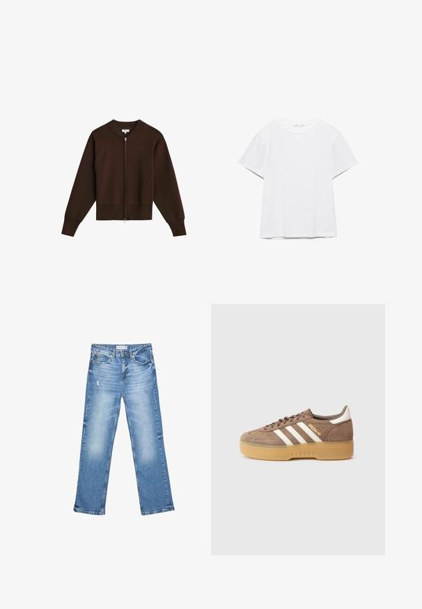 Mørkebrun strikket cardigan med lynlås, ribstrikkede manchetter, kant og krave, lagt fladt på hvid baggrund.; Hvid, kortærmet T-shirt med rund hals og lige kant, vist på en hvid baggrund.; Lysblå denim jeans, lige ben, slidte områder og diskret slid. Har fem lommer og en klassisk knaplukning.; Brun ruskindsneaker med tre hvide striber, gylden branding og en struktureret gummisål. Rundet tå og polstret krave for komfort.