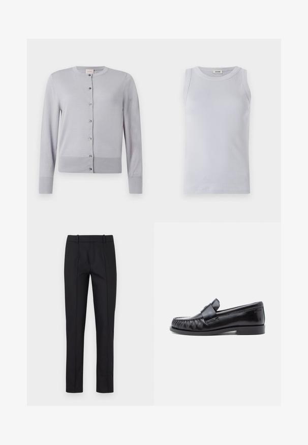 Lysegrå cardigan med rund halsudskæring, lange ærmer og knaplukning med sølvfarvede knapper; blødt, struktureret materiale.; Lyseblå ribbet tanktop med en rund udskæring. Glat tekstur og ærmeløst design med et diskret mærke på udskæringen.; Sorte skræddersyede bukser med slim fit, glat front og to baglommer. Lavet af glat stof med fin syning langs sømmene.; Sorte læderloafers med rundet tå, karakteristisk syning og en dekorativ rem over vampen. Glat finish og lav hæl.