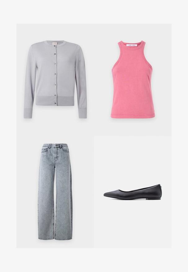 Lysegrå cardigan med rund halsudskæring, lange ærmer og knaplukning med sølvfarvede knapper; blødt, struktureret materiale.; Lyserød bomulds tanktop med rund halsudskæring og racerback design. Har dobbeltstikninger i kanterne og en blød, glat tekstur.; Lysvasket denim brede bukser med høj talje, der har forlommer, bæltestropper og kontrastsyninger.; Sort flad lædersko med spidst tåparti og lav hæl, vist i sideprofil mod en hvid baggrund.