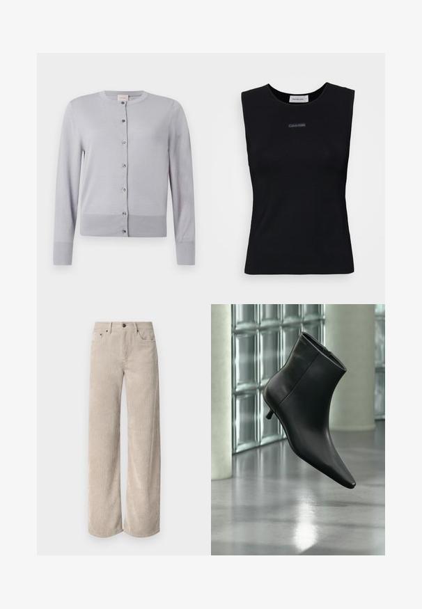 Lysegrå cardigan med rund halsudskæring, lange ærmer og knaplukning med sølvfarvede knapper; blødt, struktureret materiale.; Sort ærmeløs top lavet af glat stof. Har en rund halsudskæring og et lille Calvin Klein-logo i midten. Simpelt og tætsiddende design.; Beige corduroy bukser med vidde og lodrette striber, der har knaplukning og frontlommer. Blødt, tekstureret stof med en afslappet pasform.; Sort læderankelstøvle med spids tå og lav kitten-hæ, vist vinklet mod en poleret gulv- og glasblokvæg.