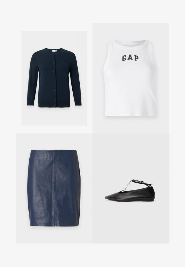 Navyblå cardigan med knapper, lange ærmer, rund halsudskæring, ribstrikkede manchetter og kant samt lille broderet logo på brystet.; Hvid ærmeløs crop top lavet af ribbet stof med et sort "GAP" logo foran. Rund halsudskæring med rene sømme.; Marineblå mininederdel i læder med en glat tekstur, lige snit og minimale syningsdetaljer på siderne.; Sorte læder balletflade sko med spids tå, udsnit design, ankelrem og guldkæde accent. Glat tekstur, minimal hæl.