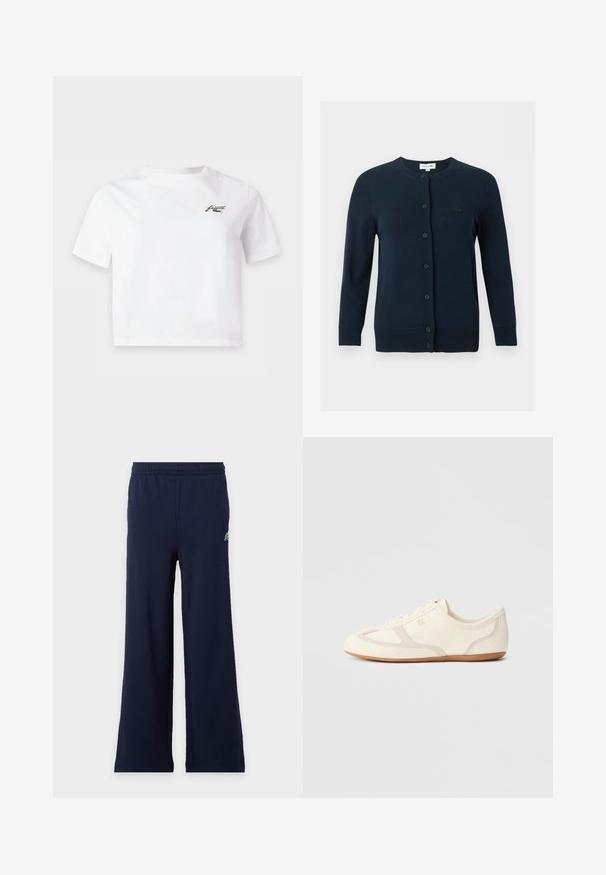 Cardigan bleu marine boutonné, manches longues, col rond, poignets et ourlet côtelés, avec petit logo brodé sur la poitrine.; T-shirt blanc court à manches courtes avec un petit logo noir sur la poitrine gauche.; Pantalon bleu marine à larges jambes avec taille élastique et petit logo en haut à gauche sur fond clair.; Baskets couleur crème avec une tige en daim et tissu, un bout arrondi, et une semelle en caoutchouc avec un détail accent beige. Fermeture à lacets.
