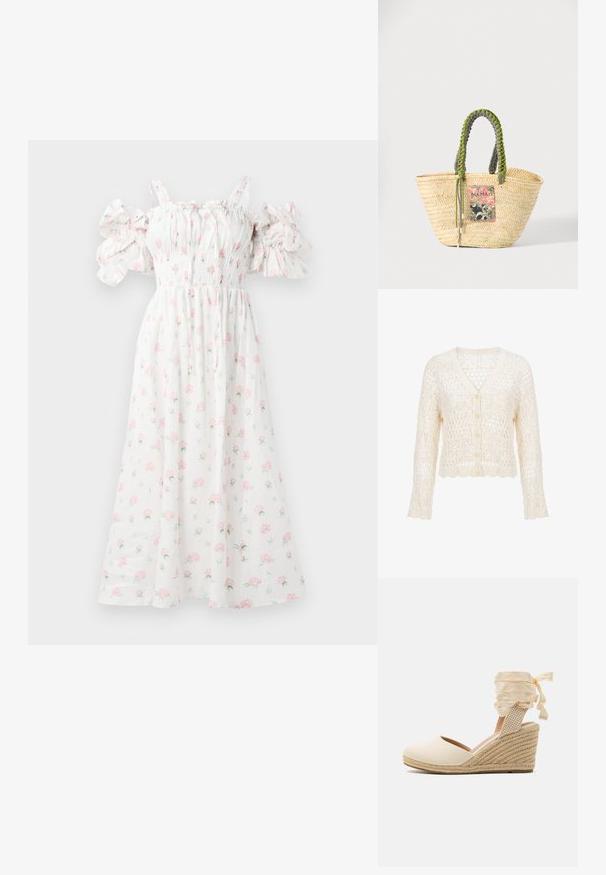 Kremfarvet strikket cardigan med lange ærmer, V-hals, knaplukning foran og et åbent hæklet mønster over det hele.; Hvid blomsterkjole med pink rosetter, smocket liv, skulderfri puffærmer og en svævende silhuet.; Beige espadrille kile med overdel i kanvas, åben tå og bløde båndsnore. Teksturiseret jutekile med et fletmønster.; Vævet beige stråtaske med flettede grønne og sorte håndtag og en farverig rektangulær lap foran.