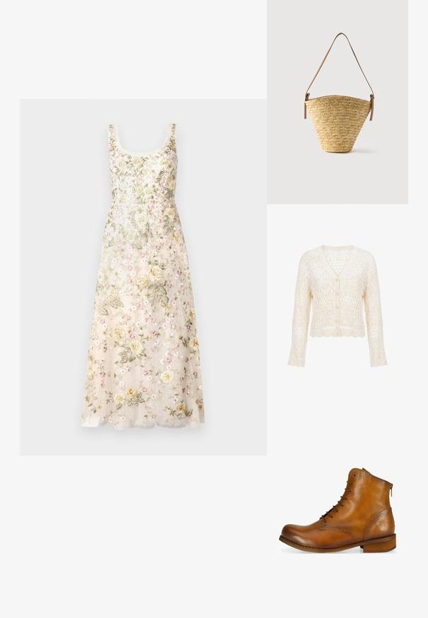 Cremefarbener Strickcardigan mit langen Ärmeln, V-Ausschnitt, Knopfleiste vorne und offenem Häkelmuster über die gesamte Fläche.; Needle & Thread FLORINE SCOOP NECK BALLERINA DRESS - Ballkleid - cream; Braune Leder-Ankle-Boots mit abgerundetem Zehenbereich, Schnürung an der Vorderseite, seitlichem Reißverschluss und einem niedrigen Holzabsatz. Mit einem dezenten, eingeprägten Logo an der Ferse.; Geflochtene Strohtasche in Eimerform mit breiter Basis, schmaler Oberseite und verstellbarem braunem Leder-Schulterriemen.
