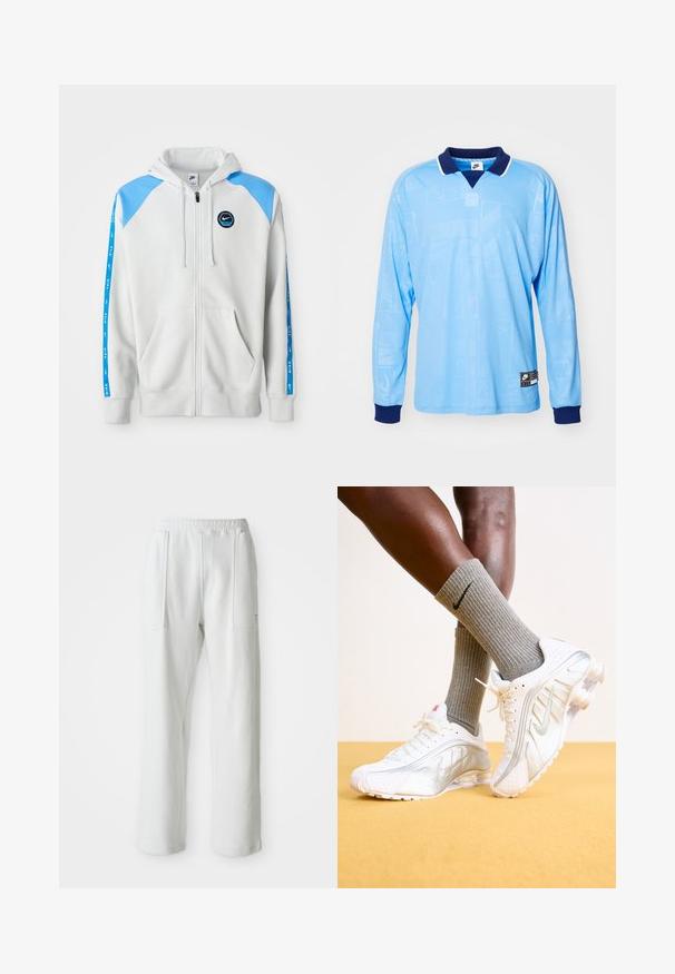 Lys grå zip-hoodie med blå skulderdetaljer og logo, der har to forlommer og blå stribede detaljer langs ærmerne.; Lyseblå langærmet polo trøje med marineblå krave og manchetter, med et diskret all-over mønster og Nike-logo på den nederste kant.; Hvide afslappede bukser med en elastisk talje og store forreste lommer, vist på en ensfarvet lys baggrund.; Nike sneakers i hvid med sølv accenter, der har teksturerede paneler og perforeringer. Sammen med grå ribbede sokker, sat mod en gul baggrund.
