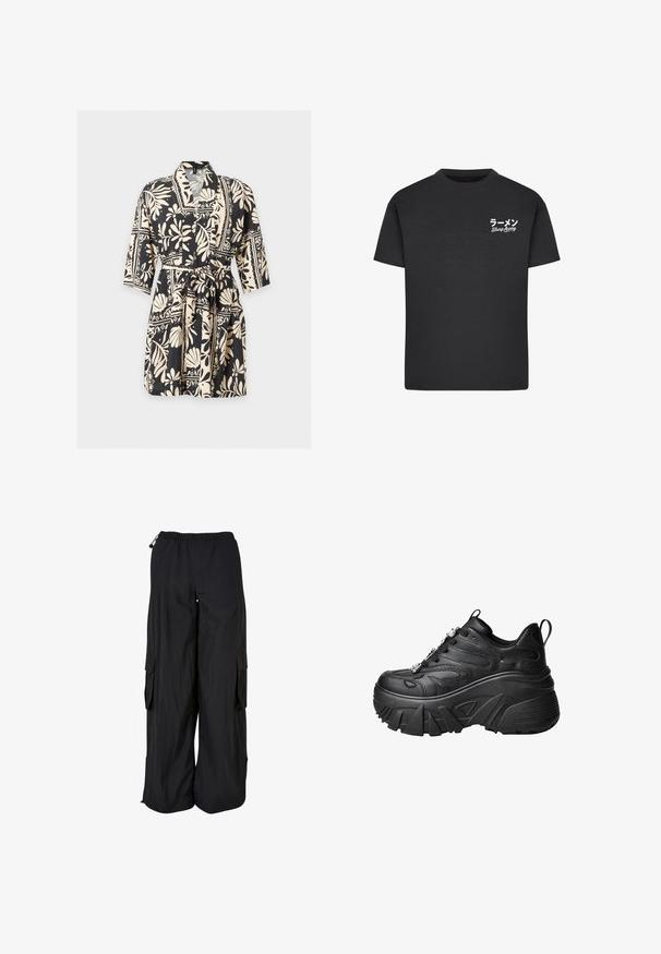 Sort og beige blomsterprintet slå-om-kjole med trekvartlange ærmer og bindebælte i taljen på en ensfarvet lys baggrund.; Sort bomulds T-shirt med rund hals. Har hvid tekst, inklusive japanske tegn og "Slurp Away," på venstre brystområde.; Svarte cargobukser med vidde ben, elastisk talje, sidelommer med klap og justerbare snore i talje og forneden.; Sorte plateau sneakers med en buet form, tekstureret læder, tyk gummisål og dekorativ hardware på snørerne.