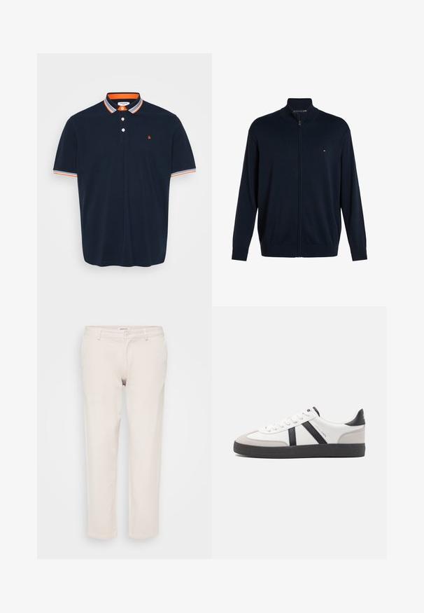 Marineblå cardigan med fuld lynlås, ribstrikket krave, manchetter og kant, med et lille logo på venstre bryst.; Marineblå polo T-shirt i bomuld med krave, der har orange og grå striber, tre-knaps knaplukning og lille broderet logo på brystet.; Beige bomuldsbukser med lige pasform, der har knaplukning, bæltestropper og ingen synlige mønstre eller teksturer.; Hvide sneakers med sorte og grå detaljer, med en tekstureret grå tåhætte, sort gummisål og flade hvide snørebånd. Rent design, minimalistisk stil.