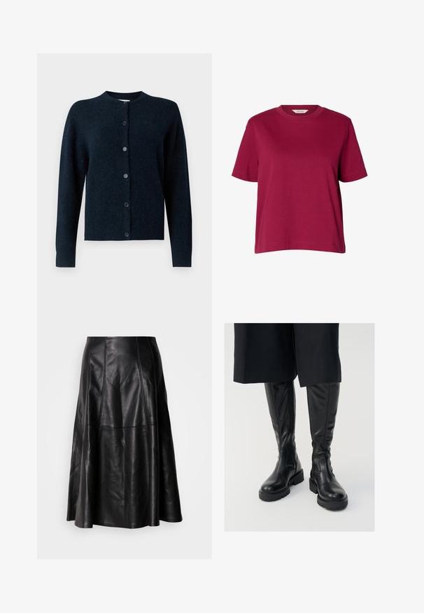 Sort langærmet cardigan med knapper, rund halsudskæring og et blødt, struktureret stof på en neutral baggrund.; Ensfarvet bordeaux t-shirt med korte ærmer og rund halsudskæring, løs pasform, vist på ensfarvet hvid baggrund.; Sort lædernederdel med en flagrende silhuet, der har synlige sømme og en glat tekstur. Mellemlang design med en klassisk snit.; Sorte læder knæhøje støvler med en glat tekstur, kraftige såler og side-lynlåse. Designet har diskrete sømdetaljer.