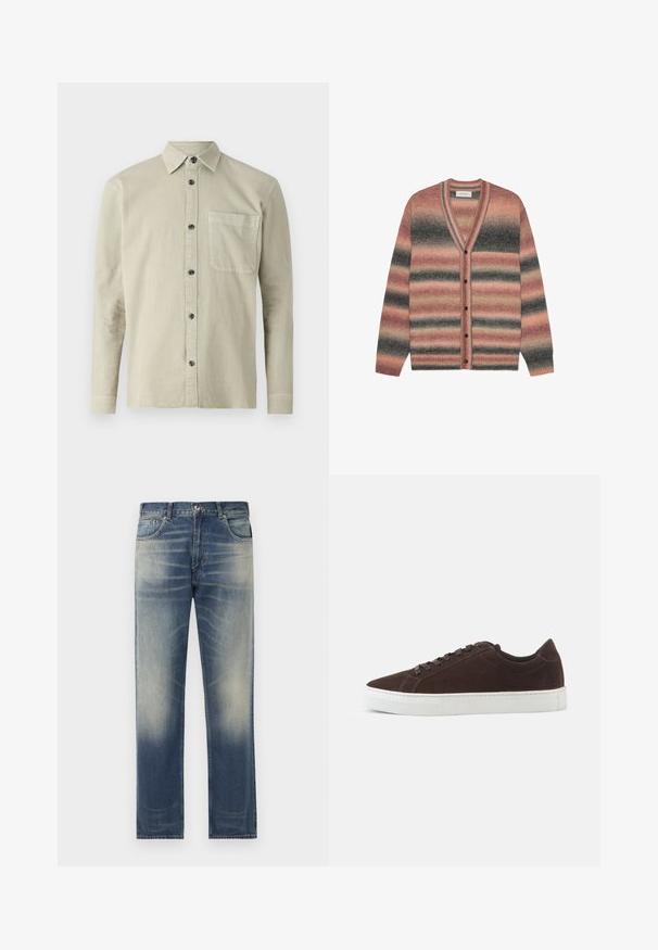 Stribet cardigan med nuancer af pink, grå og sort; lavet af blødt materiale med v-udskæring, knaplukning og ribbede ærmegab.; Langærmet skjorte i lyse beige stof. Har en spids krave, en brystlomme og sorte knapper. Enkel, struktureret design.; Blå denim jeans med lige snit, der har en subtil forvitring og slidte detaljer foran, fem-lomme design og bæltestropper.; Mørkebrune ruskind lave sneakers med matchende snørebånd og tyk hvid gummisål, vist fra siden på en ensfarvet baggrund.