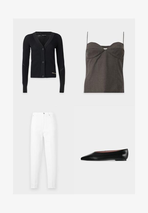 Cardigan noir côtelé à manches longues avec col en V, trois grands boutons, et petit texte doré brodé près de l'ourlet sur le côté gauche.; Haut bustier gris foncé sans bretelles avec fines bretelles spaghetti et détails subtils de coutures sur fond blanc.; Jean blanc taille haute, coupe slim, avec cinq poches et fermeture à boutons, présenté sur un fond uni.; Chaussure plate en cuir noir pour femme, avec bout pointu et petit talon, vue de côté sur un fond gris clair uni.