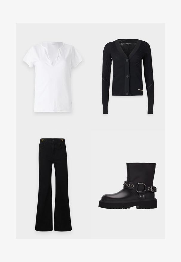 Cardigan noir côtelé à manches longues avec col en V, trois grands boutons, et petit texte doré brodé près de l'ourlet sur le côté gauche.; T-shirt en coton blanc à manches courtes, coupe décontractée et décolleté en V, avec un plastron orné de cinq boutons décoratifs.; Jean noir évasé avec taille haute, cinq poches, détails en métal doré, et une texture denim lisse.; Botte en cuir noire mi-mollet avec semelle épaisse à crampons, bride décorative avec œillets en métal argenté et boucle latérale.