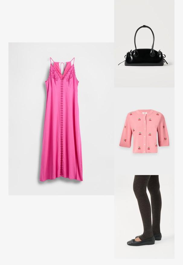 Object OBJTHESS - Vest - rose elegance; Roze mouwloze jurk met V-hals, voorzien van bloemrijke borduursels en een centrale rij lussen. Glad stof, lange, vloeiende silhouet.; Benen met donkere geribbelde leggings gecombineerd met zwarte ballerina's met kleine strikdetails op een witte achtergrond.; Kleine zwarte glanzende handtas met twee lange hengsels en zijkant trekkoord details op een effen lichte achtergrond.