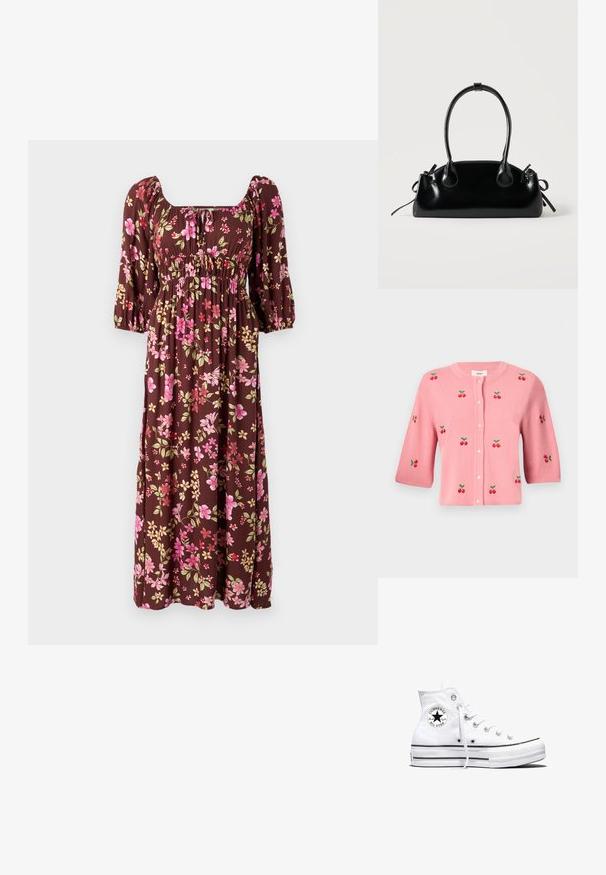 Object OBJTHESS - Cardigan - rose elegance; Brun blomster maxi kjole med puffærmer, firkantet udskæring og rynket bodice med pink og gule blomstermønstre. Blødt stof.; Hvid højtop Converse Chuck Taylor All Star-sneaker med sort logo-patch og hvide snørebånd, vist på hvid baggrund.; Lille sort blank håndtaske med to lange håndtag og snøre-detaljer i siden på en ensfarvet lys baggrund.