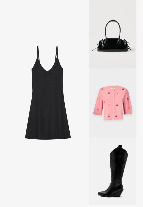 Object OBJTHESS - Chaqueta de punto - rose elegance; Vestido deslizante negro de canalé con escote en V y tirantes finos ajustables. Presenta un corte relajado, que cae por encima de las rodillas, con un diseño minimalista.; Bota de vaquero de cuero negro con punta puntiaguda, tacón bloqueado inclinado, costuras decorativas y lengüetas en la parte superior sobre fondo blanco.; Pequeño bolso negro brillante con dos asas largas y detalles de cordón lateral sobre un fondo claro liso.
